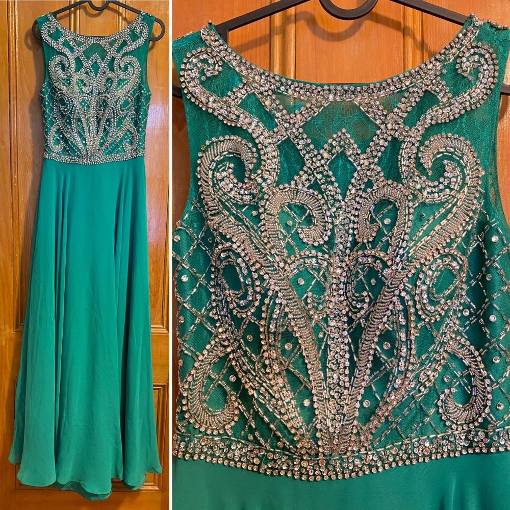 Women's Floor-Length Teal Chiffon Dress With Beading